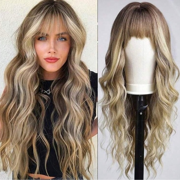 Other - 30 In Wig Dark roots Blonde ombre  Style Loose Wavy Wig With Bangs Natur…